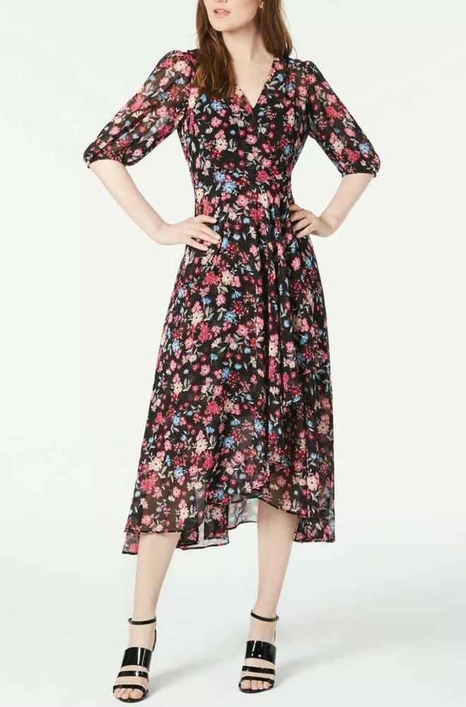 Calvin Klein Floral Chiffon Faux-Wrap Dress